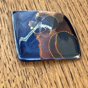 ABSTRACT Glazed Pottery Brooch Signed Asymmetric Metallic Artsy Lagenlook Unique
